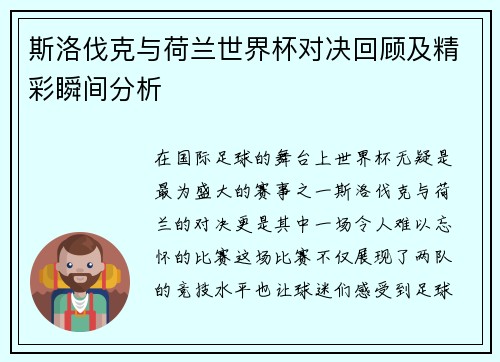 斯洛伐克与荷兰世界杯对决回顾及精彩瞬间分析